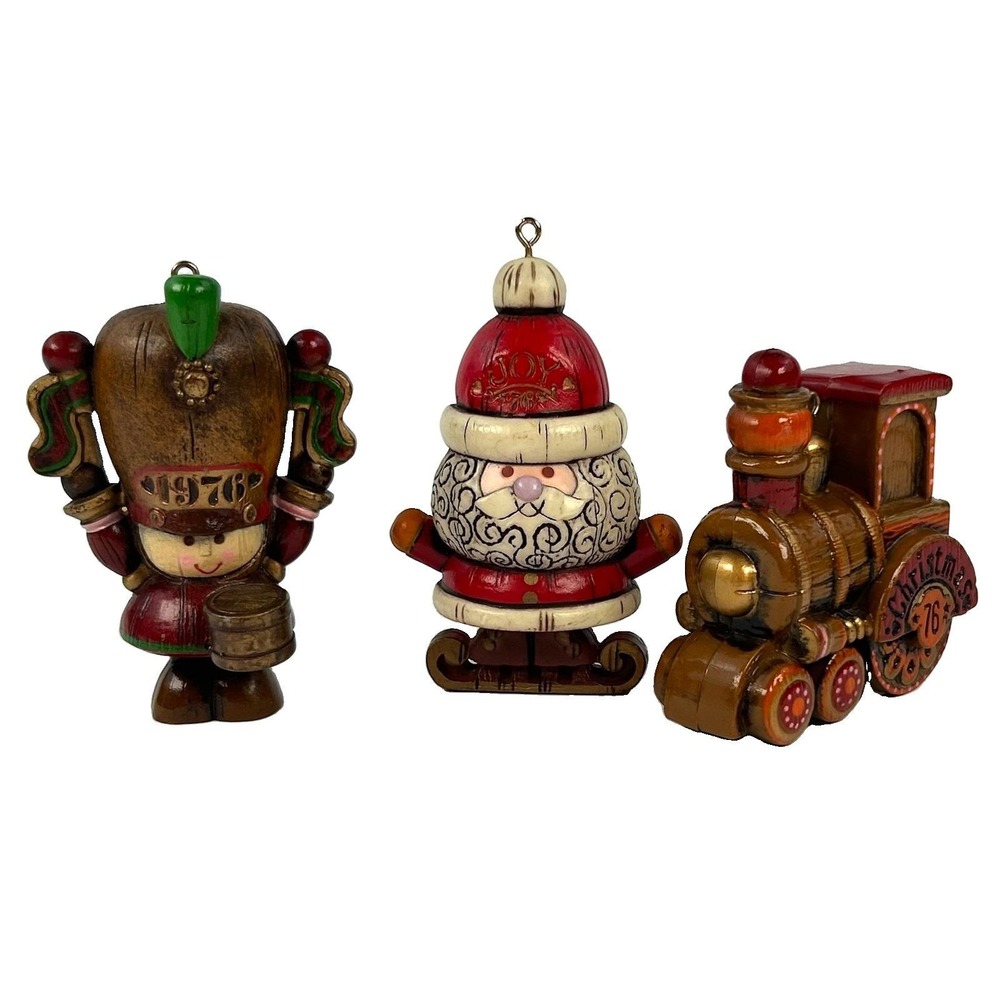 3 Vintage Hallmark Yesteryears Keepsake Ornaments 1976 Santa/Drummer Boy/Train